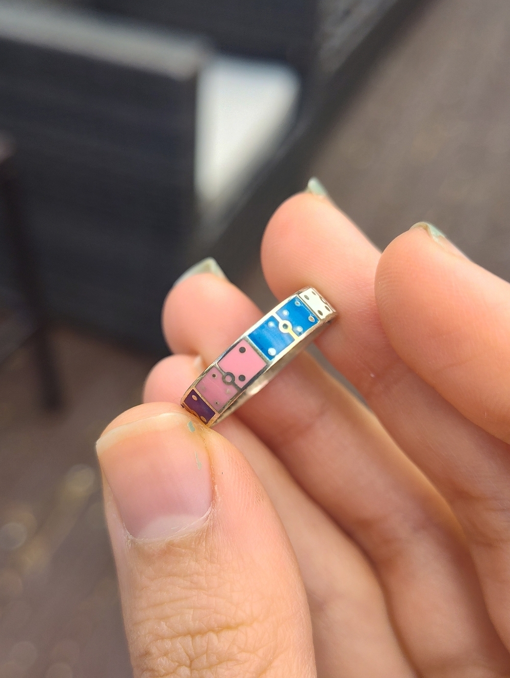 Sterling Silver Multicolor Dominos Enamel Band Ring - Pink & Blue